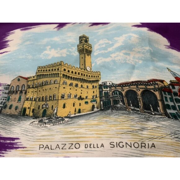 Vtg ITALY Bold Purple SOUVENIR SCARF Pisa Firenze FLORENCE Leaning Tower 29 x 30 - Picture 6 of 12